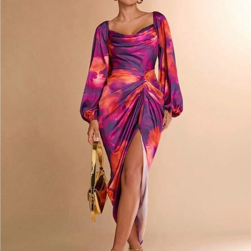 Purple & Orange Tie-Dye Satin Draped Midi Dress